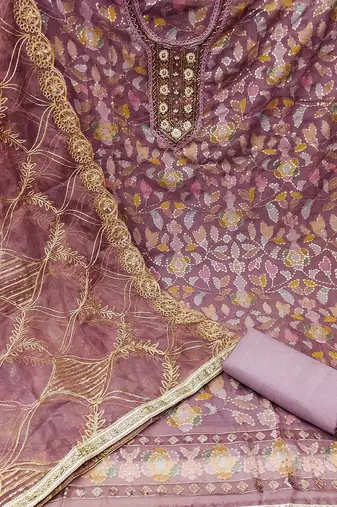 floral embroidered beads and stones organza semi-stitched dress material