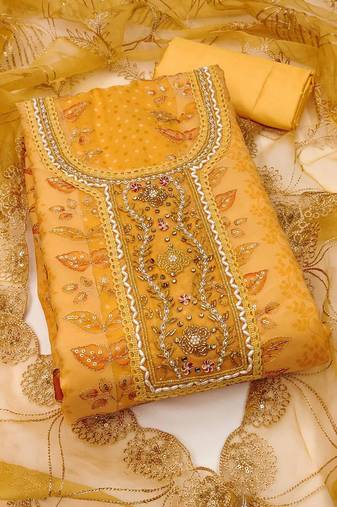 embroidered organza semi-stitched dress material