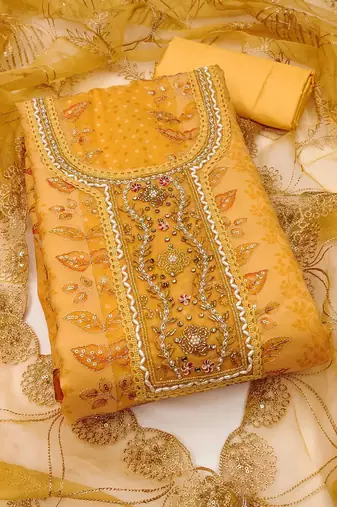 embroidered organza semi-stitched dress material