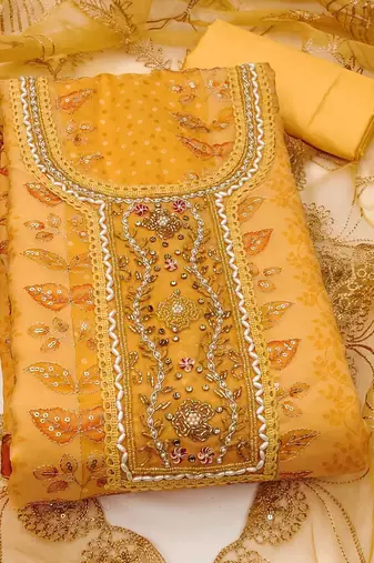 embroidered organza semi-stitched dress material