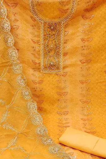 embroidered organza semi-stitched dress material