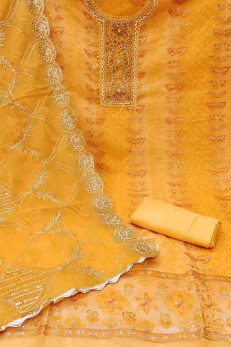 embroidered organza semi-stitched dress material