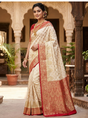 new designer fancy indian banarsi white zari saree 1