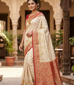 new designer fancy indian banarsi white zari saree