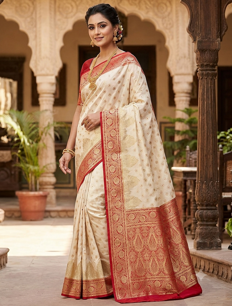new designer fancy indian banarsi white zari saree