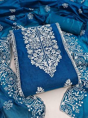 blue chanderi embroidery work unstitched dress material 1