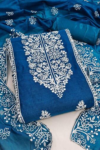 blue chanderi embroidery work unstitched dress material