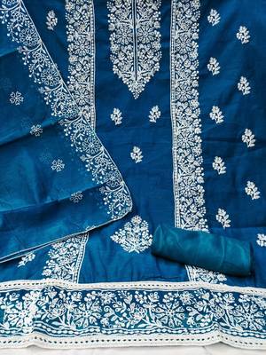 blue chanderi embroidery work unstitched dress material 2