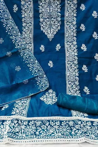 blue chanderi embroidery work unstitched dress material