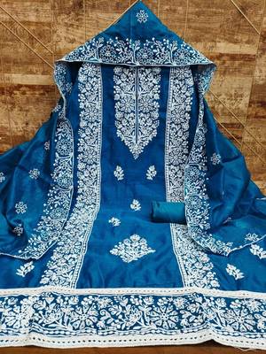 blue chanderi embroidery work unstitched dress material 3