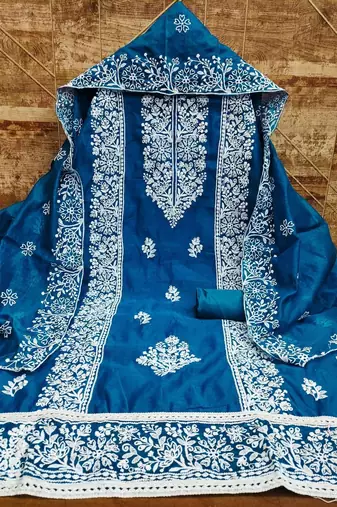 blue chanderi embroidery work unstitched dress material