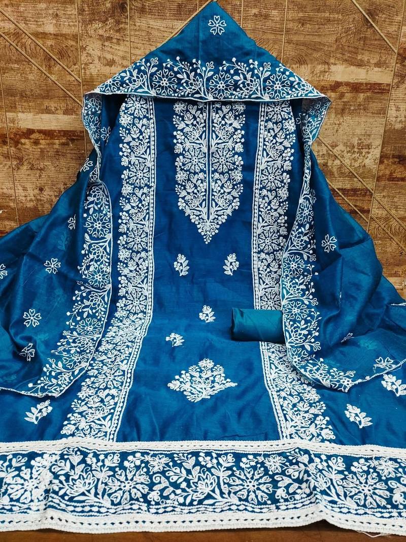 blue chanderi embroidery work unstitched dress material