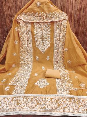 mustard chanderi embroidery work unstitched dress material 1