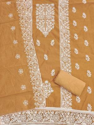 mustard chanderi embroidery work unstitched dress material 3