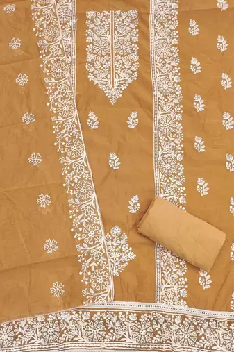 mustard chanderi embroidery work unstitched dress material