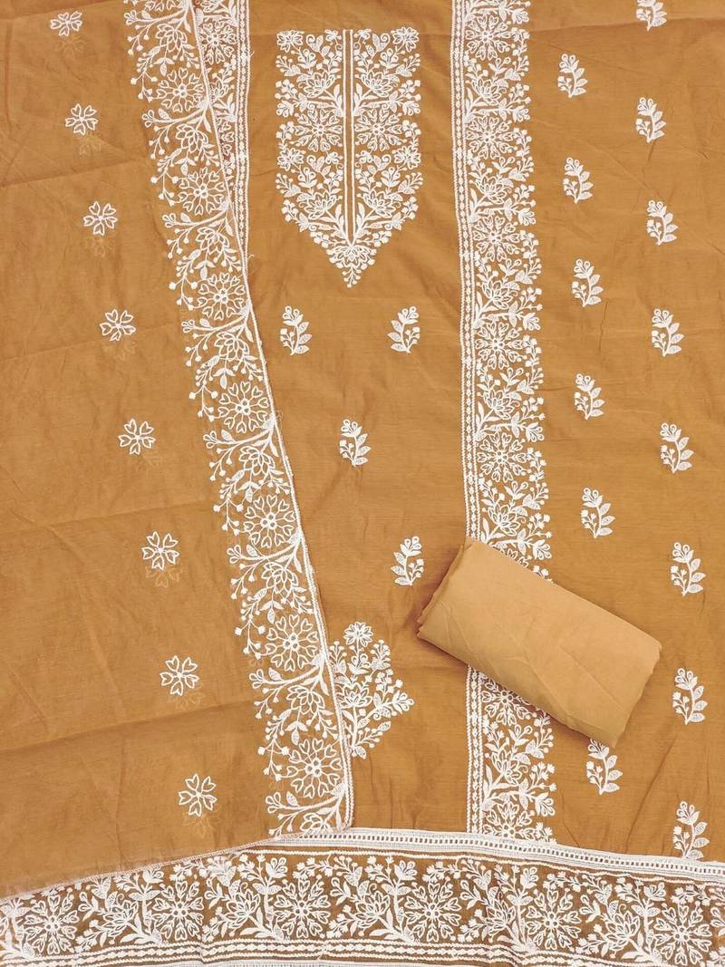 mustard chanderi embroidery work unstitched dress material
