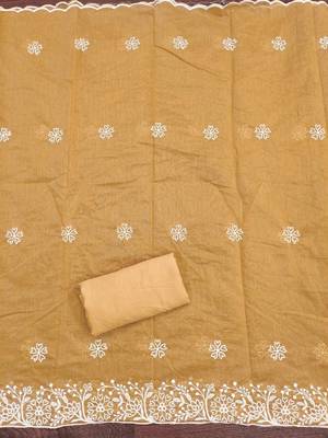mustard chanderi embroidery work unstitched dress material 4