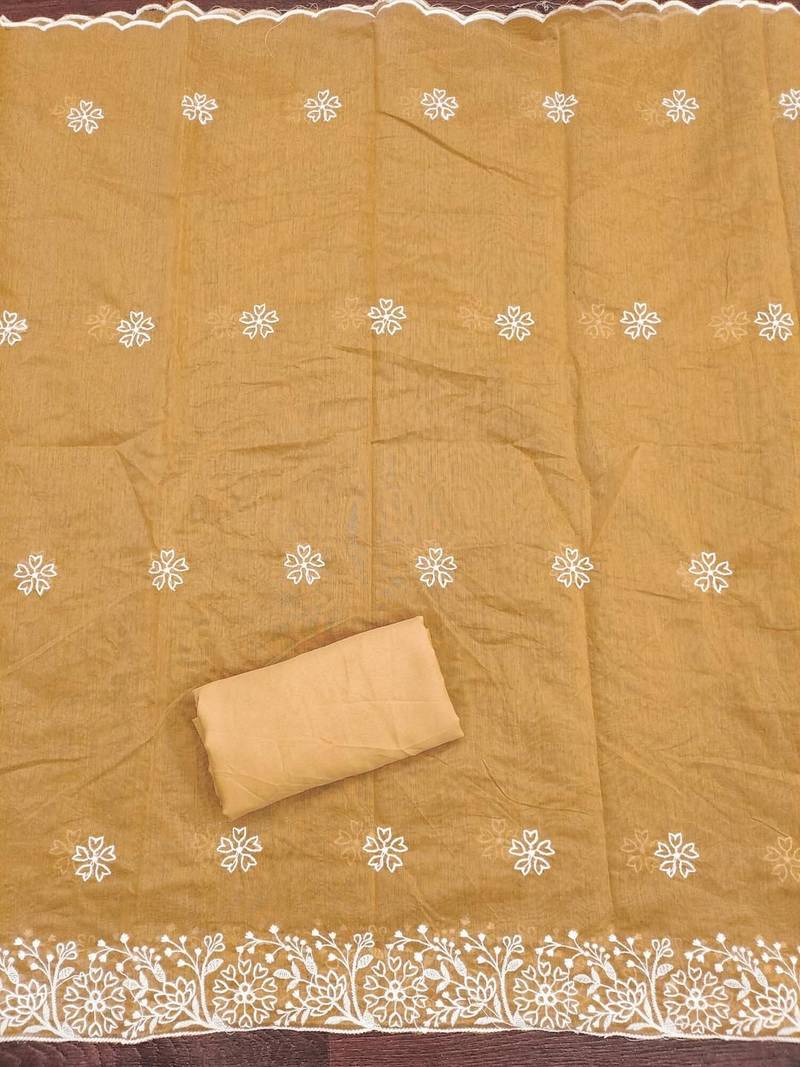 mustard chanderi embroidery work unstitched dress material