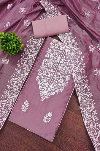 lavender chanderi embroidery work unstitched dress material