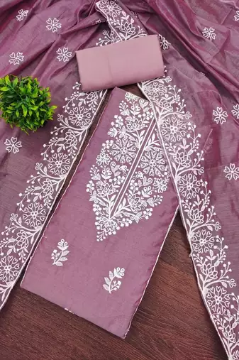 lavender chanderi embroidery work unstitched dress material