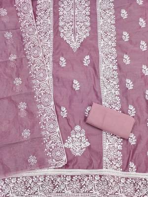 lavender chanderi embroidery work unstitched dress material 2