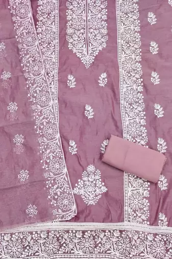 lavender chanderi embroidery work unstitched dress material