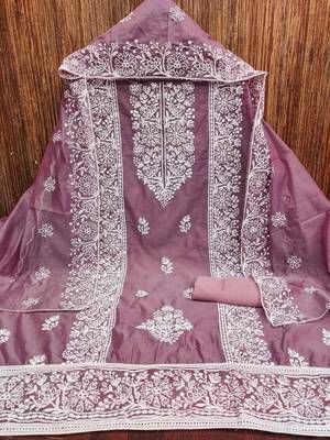 lavender chanderi embroidery work unstitched dress material 3