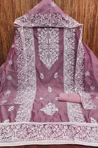 lavender chanderi embroidery work unstitched dress material