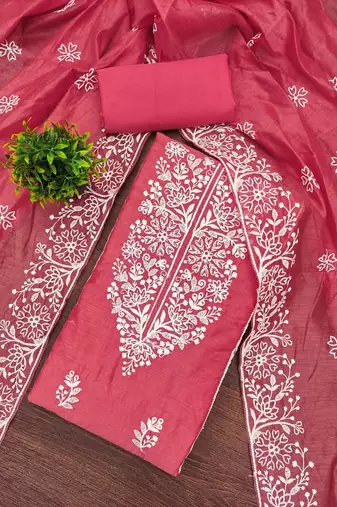 pink chanderi embroidery work unstitched dress material