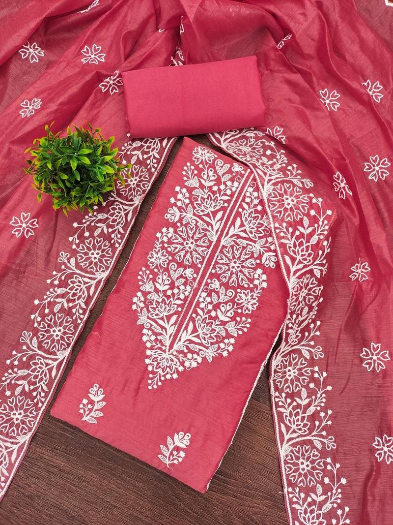 pink chanderi embroidery work unstitched dress material