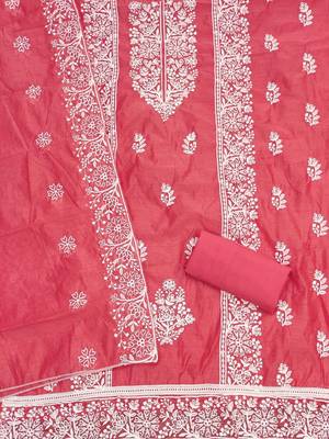 pink chanderi embroidery work unstitched dress material 2