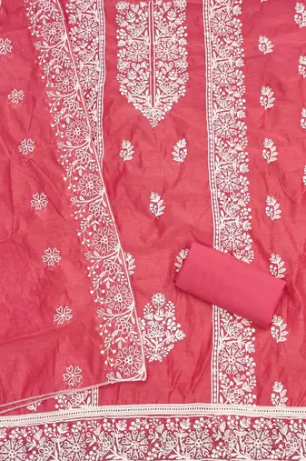 pink chanderi embroidery work unstitched dress material