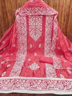 pink chanderi embroidery work unstitched dress material 3