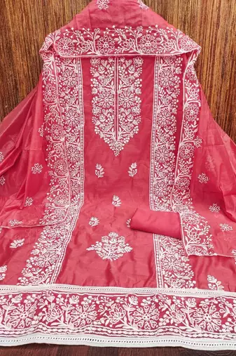 pink chanderi embroidery work unstitched dress material