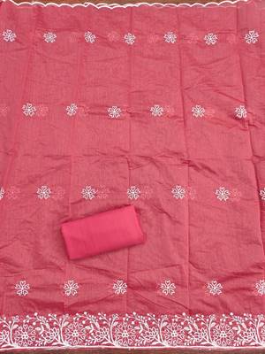 pink chanderi embroidery work unstitched dress material 4