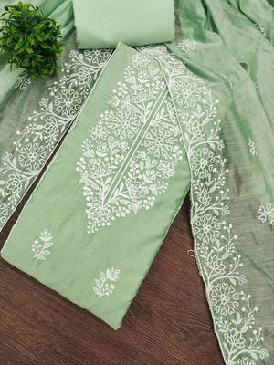 green chanderi embroidery work unstitched dress material 1