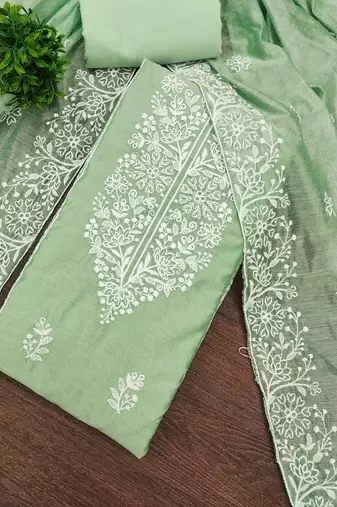 green chanderi embroidery work unstitched dress material