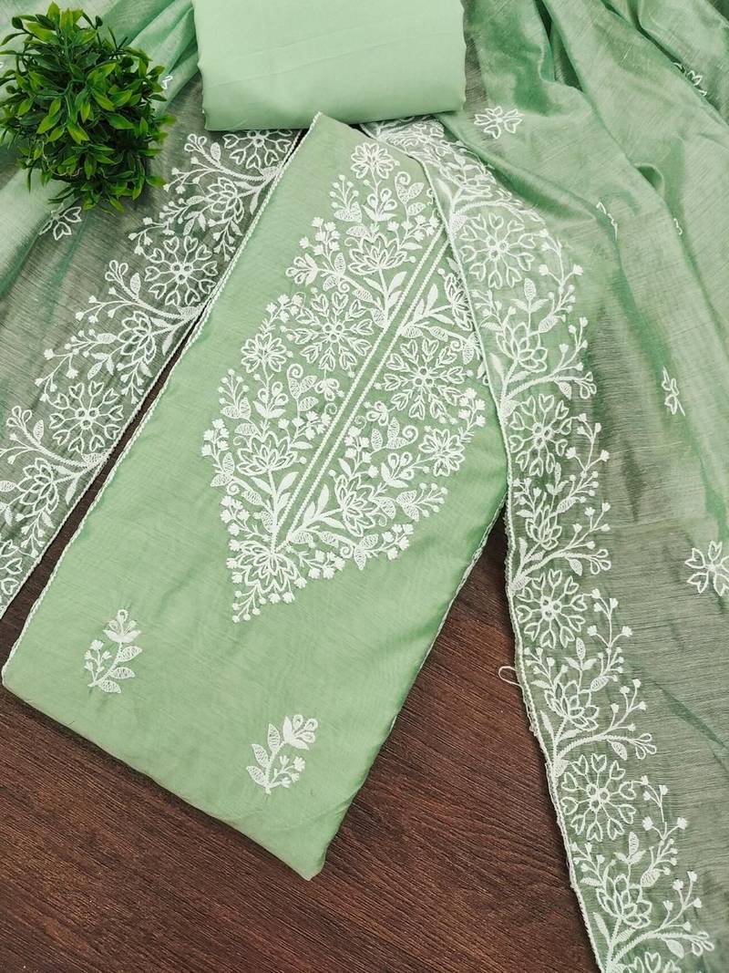 green chanderi embroidery work unstitched dress material