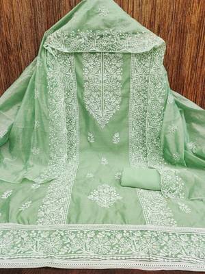 green chanderi embroidery work unstitched dress material 2