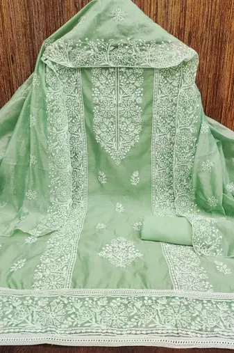 green chanderi embroidery work unstitched dress material