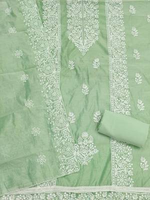 green chanderi embroidery work unstitched dress material 3