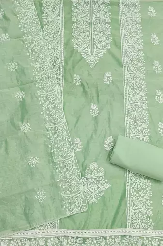 green chanderi embroidery work unstitched dress material
