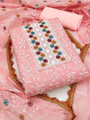 floral embroidered chanderi unstitched dress material 1