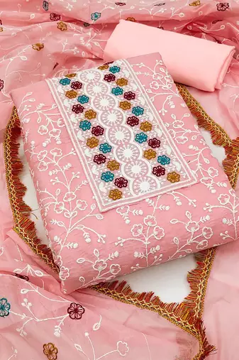 floral embroidered chanderi unstitched dress material