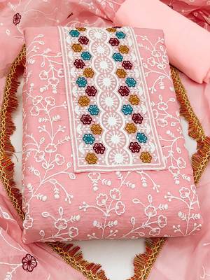 floral embroidered chanderi unstitched dress material 2