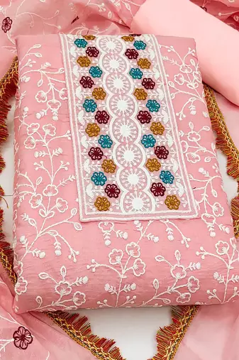 floral embroidered chanderi unstitched dress material