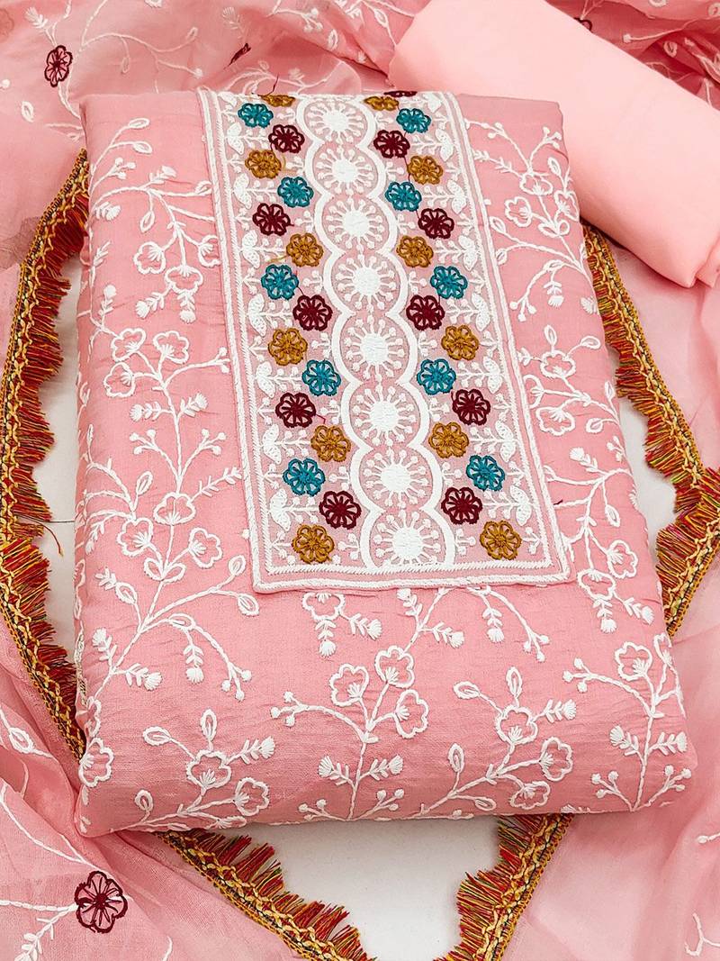 floral embroidered chanderi unstitched dress material