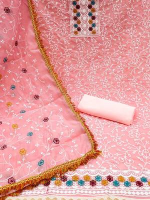 floral embroidered chanderi unstitched dress material 3