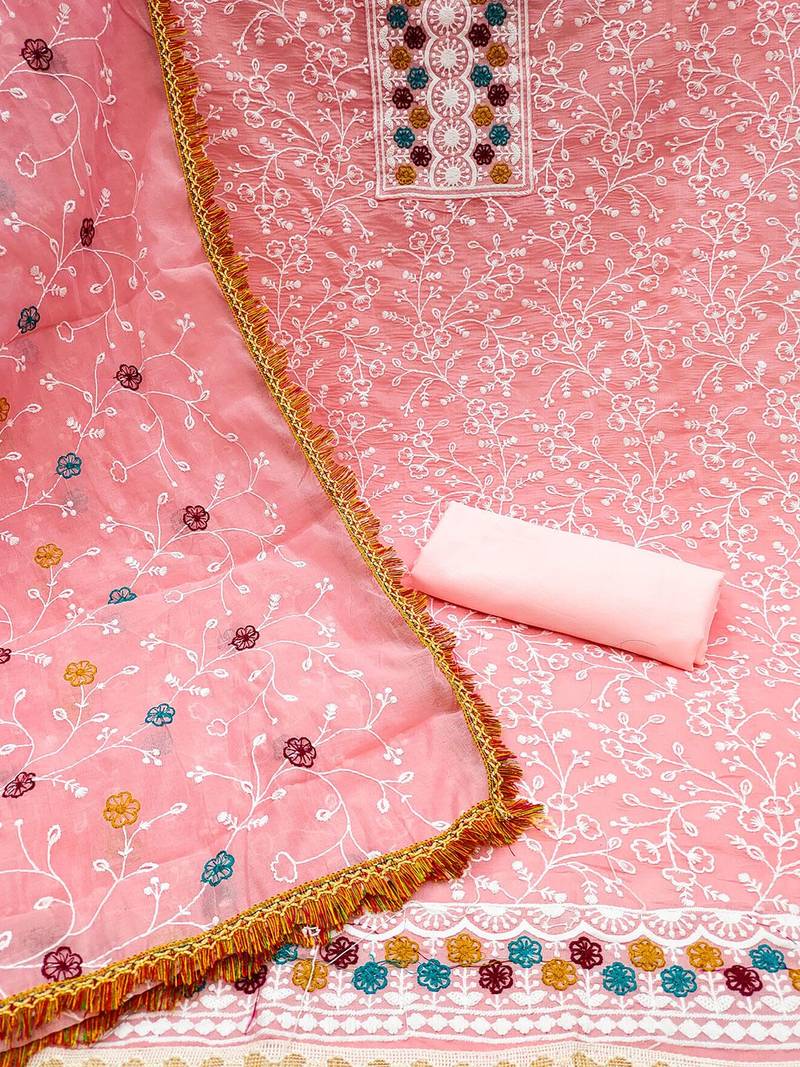 floral embroidered chanderi unstitched dress material