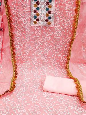 floral embroidered chanderi unstitched dress material 4